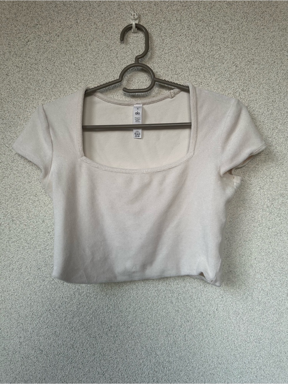 Alo Yoga Terry Beachside Short Sleeve Crop Top White Square Neck, Size Small